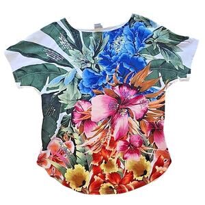 Chico's Shirt Size 0 (Small) Pima Embellished Tropical Print Tee Sequins Floral